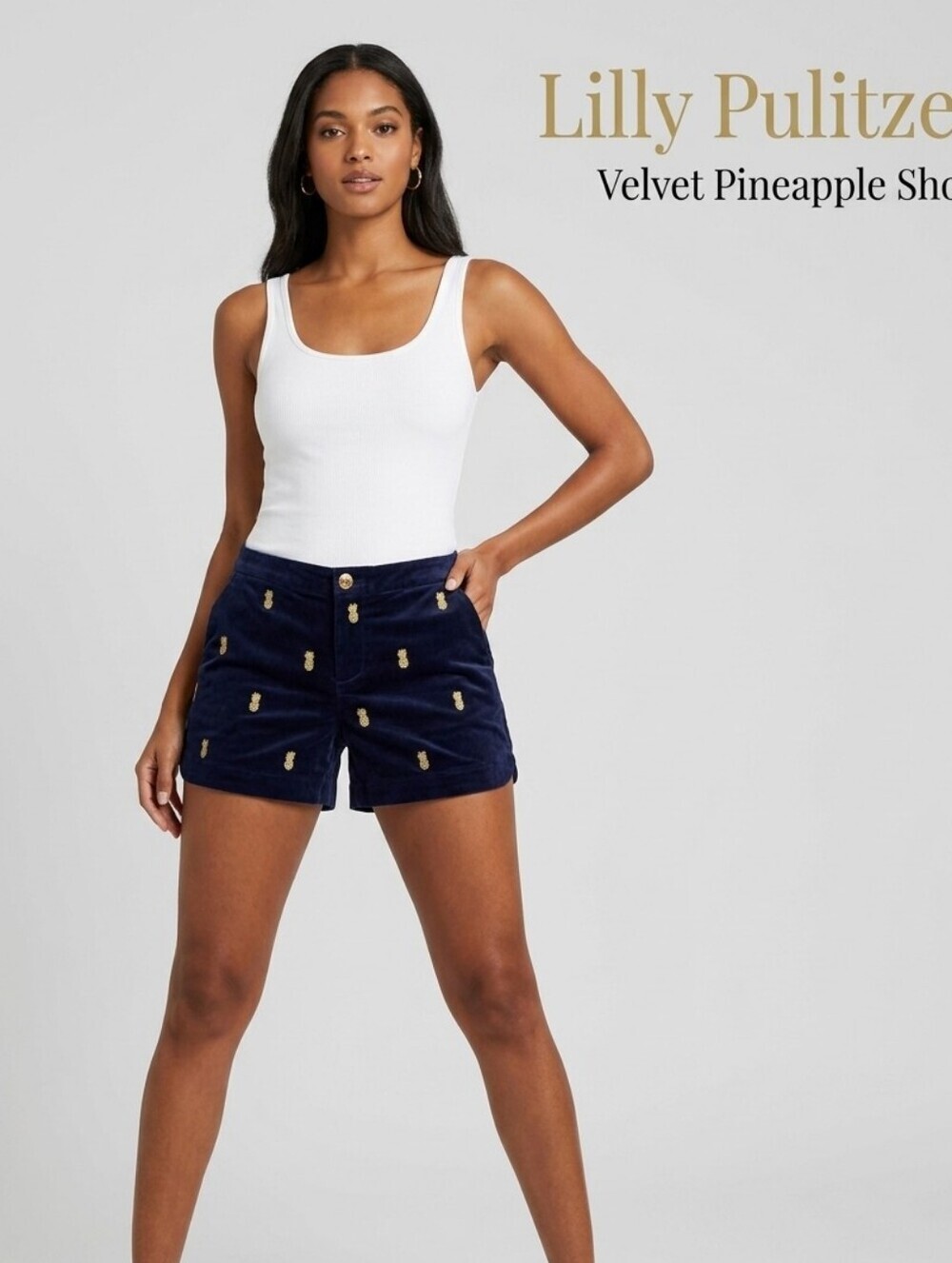 Lilly Pulitzer Womens 12 shorts Gold Pineapple Embroidered Navy Blue Velvet Mint